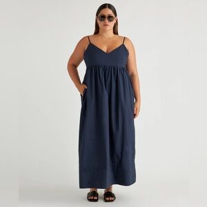Quince 100% Organic Cotton Sleeveless Empire Waist Maxi Dress Navy Sz Medium
